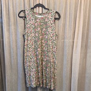 J. Jill Olive Green Floral Midi Dress with Pink Blossoms